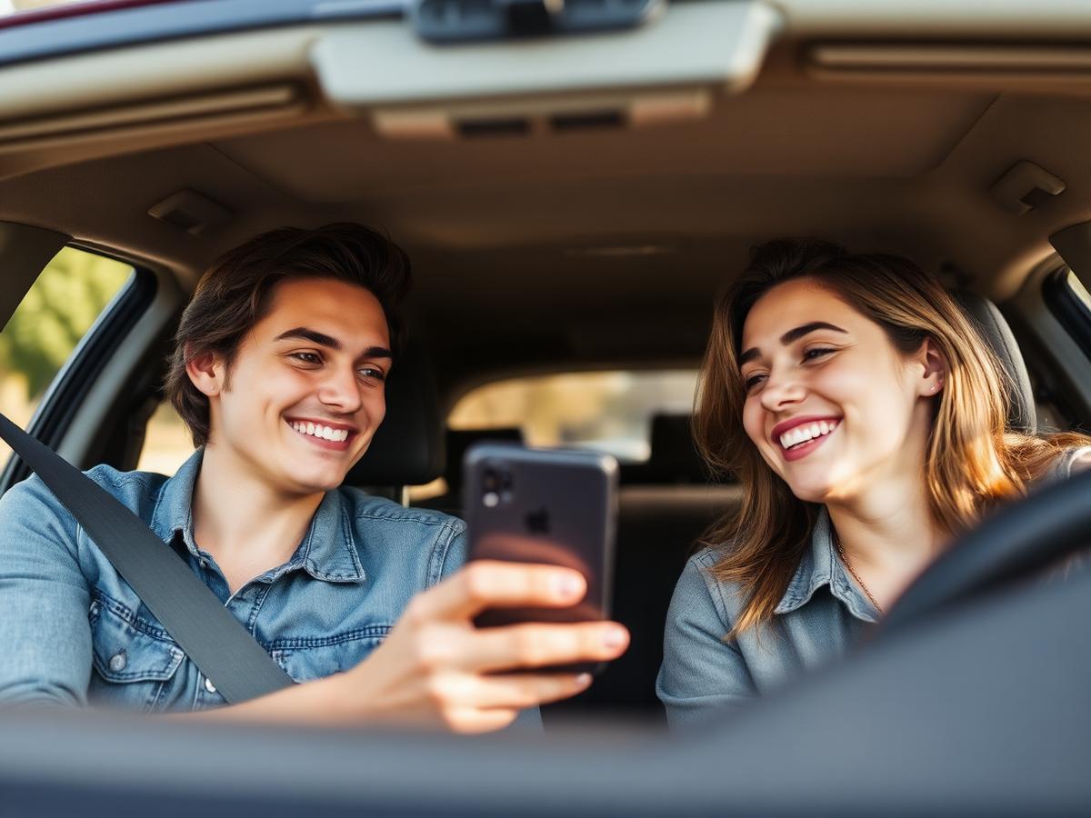 Couple smiling in their car while checking their refinance offer on a phone