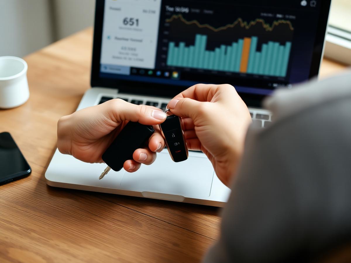 Hands holding car keys in front of a laptop showing loan details